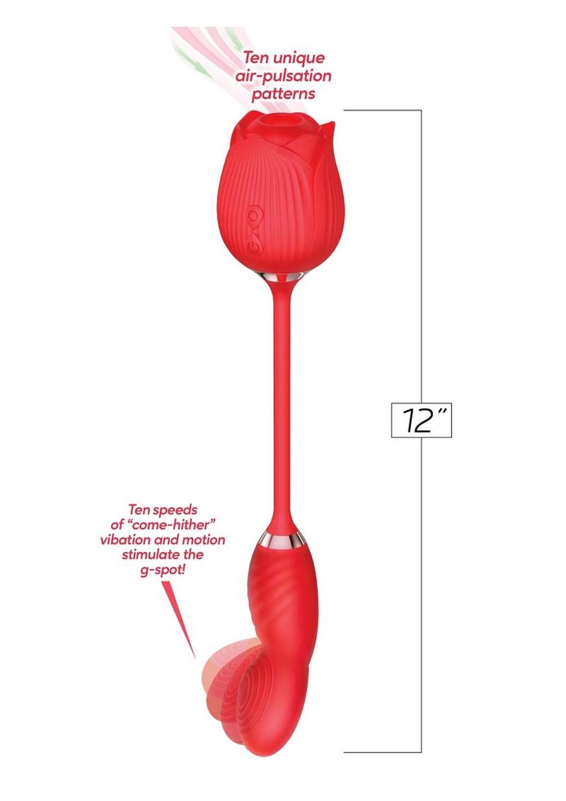 Estimulador dual de silicona recargable Wild Rose Come Hither con succión de clítoris - Rojo